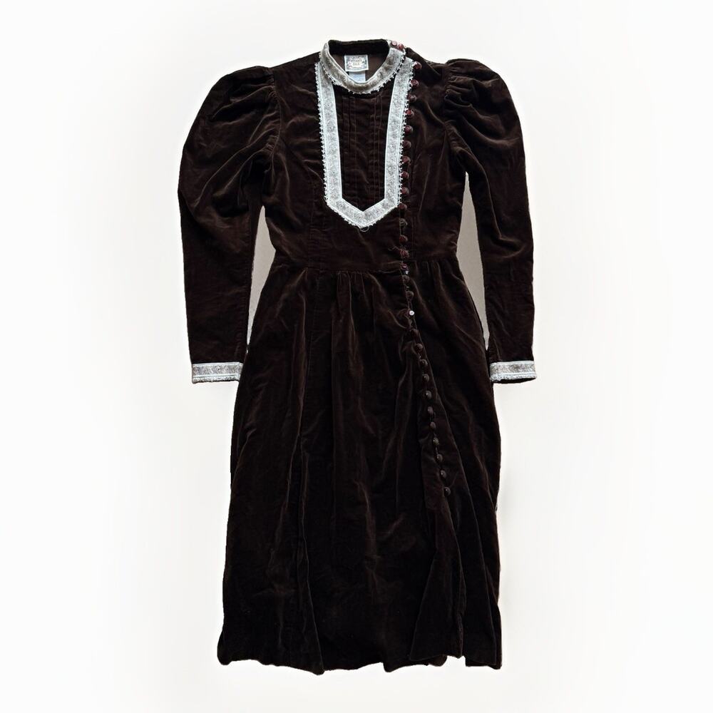 Vintage Gunne Sax Prairie Dress Women's Small Brown Velvet Victorian 70s Western